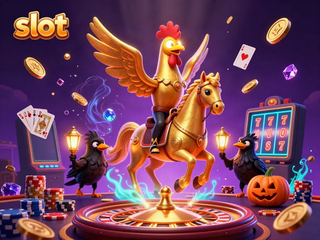 Experience thrilling slot action with captivating golden rooster characters amidst sparkling casino elements.