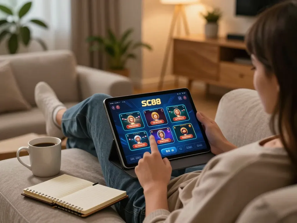 Player engaging with SC88 mobile app in a cozy gaming atmosphere, showcasing tablet interface.