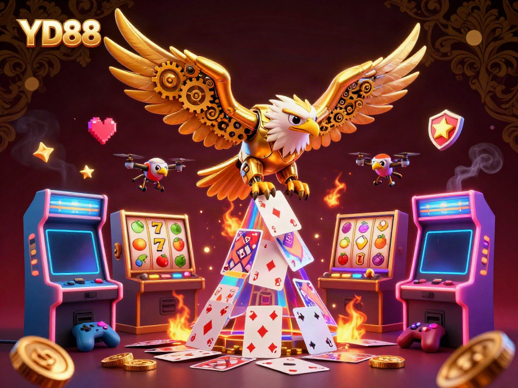 Experience thrilling gameplay at YD88 with a dynamic scene featuring a golden eagle and vibrant slot reels.