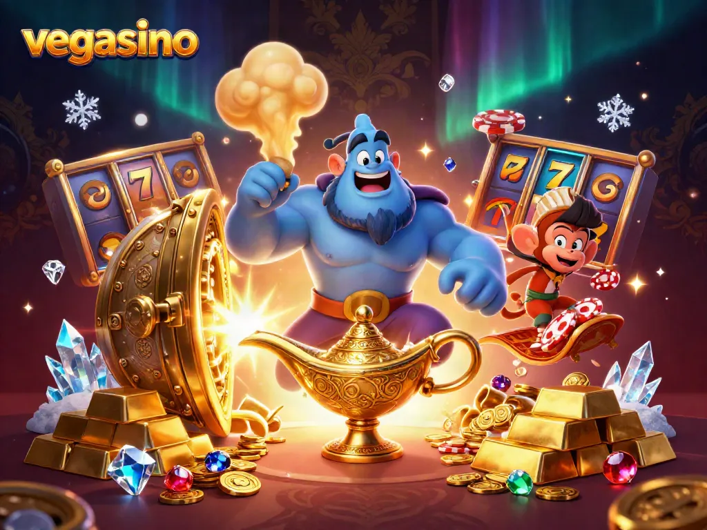 Experience the magic of vegasino with a flying carpet of poker chips and a genie amidst casino treasures.