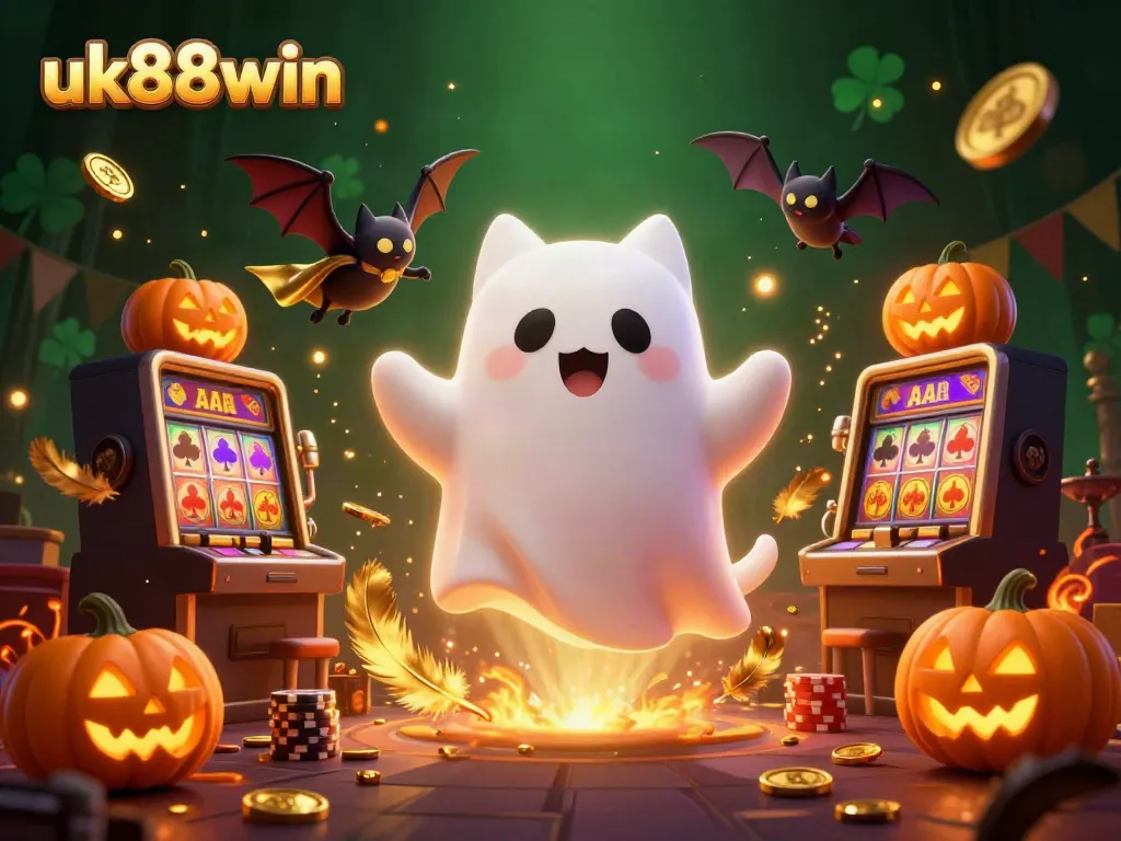Explore the vibrant ghostly adventure of uk88win with a haunted cat and golden tokens in a casino.