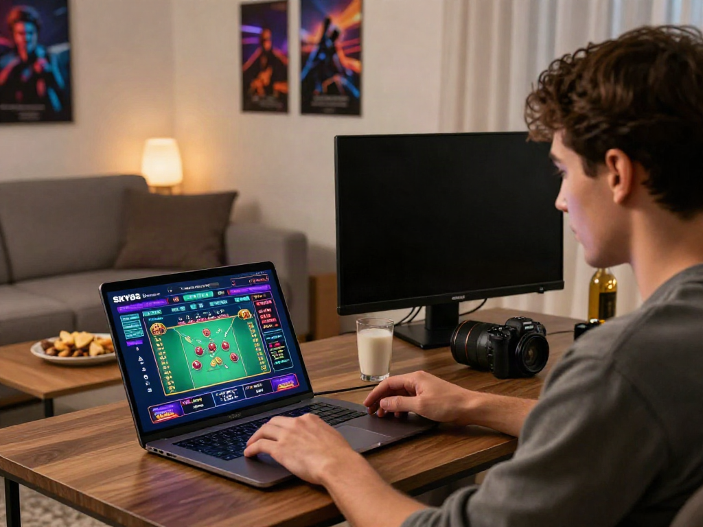 An engaging user interaction with SKY88 gaming platform on smartphone and laptop, showcasing live casino excitement.