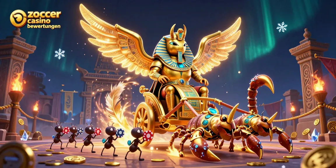 Zoccer Casino Bewertungen showcase thrilling gameplay with a golden scarab riding scorpions amidst vibrant gaming elements.