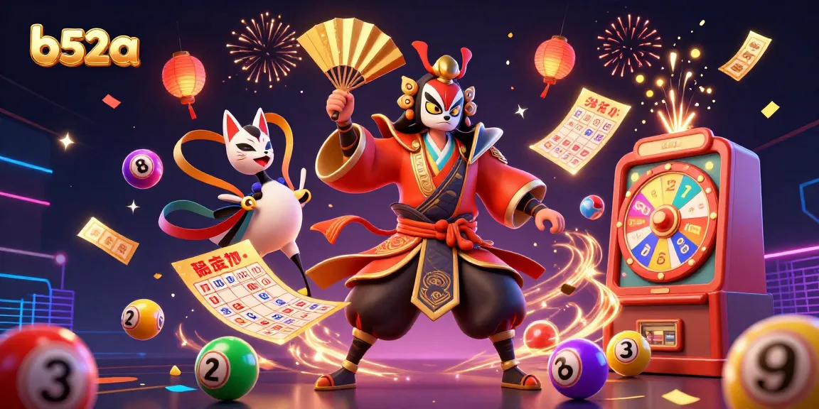 B52A gaming illustration featuring a kabuki warrior and kitsune mask amidst dynamic casino elements.