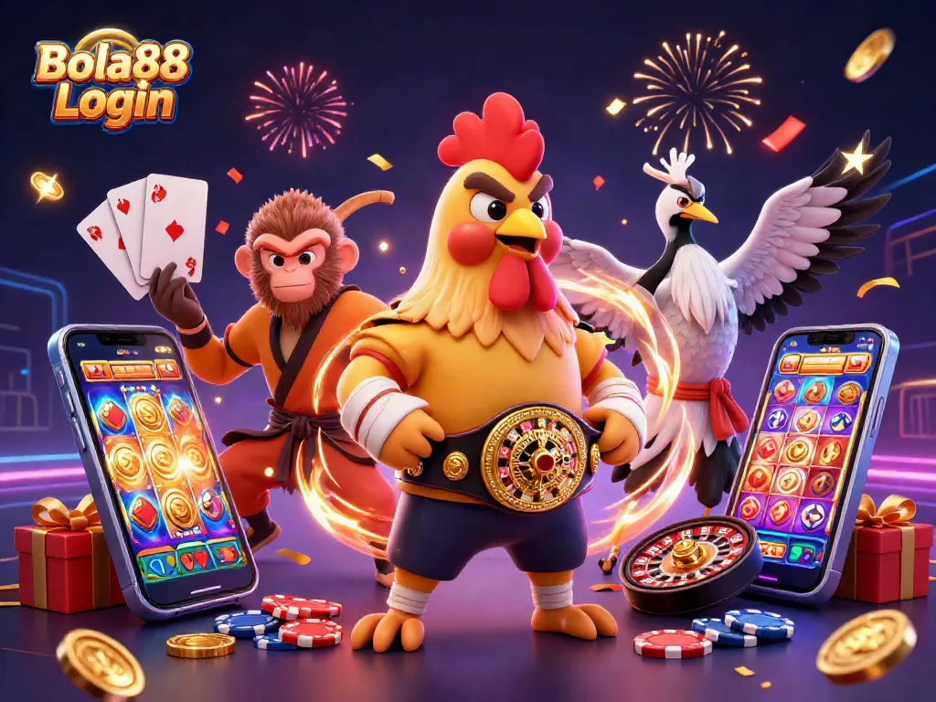 Bola88 Login with animated casino characters celebrating wins and vibrant gaming elements