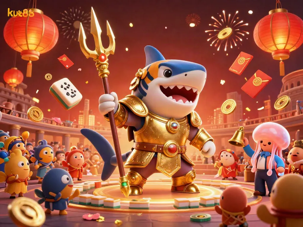 Engage with the exciting ku88 world through a vibrant underwater colosseum scene featuring a tiger shark in gladiator armor.