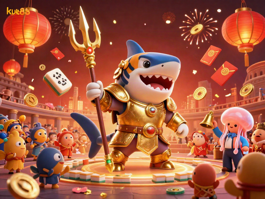 Engage with the exciting ku88 world through a vibrant underwater colosseum scene featuring a tiger shark in gladiator armor.