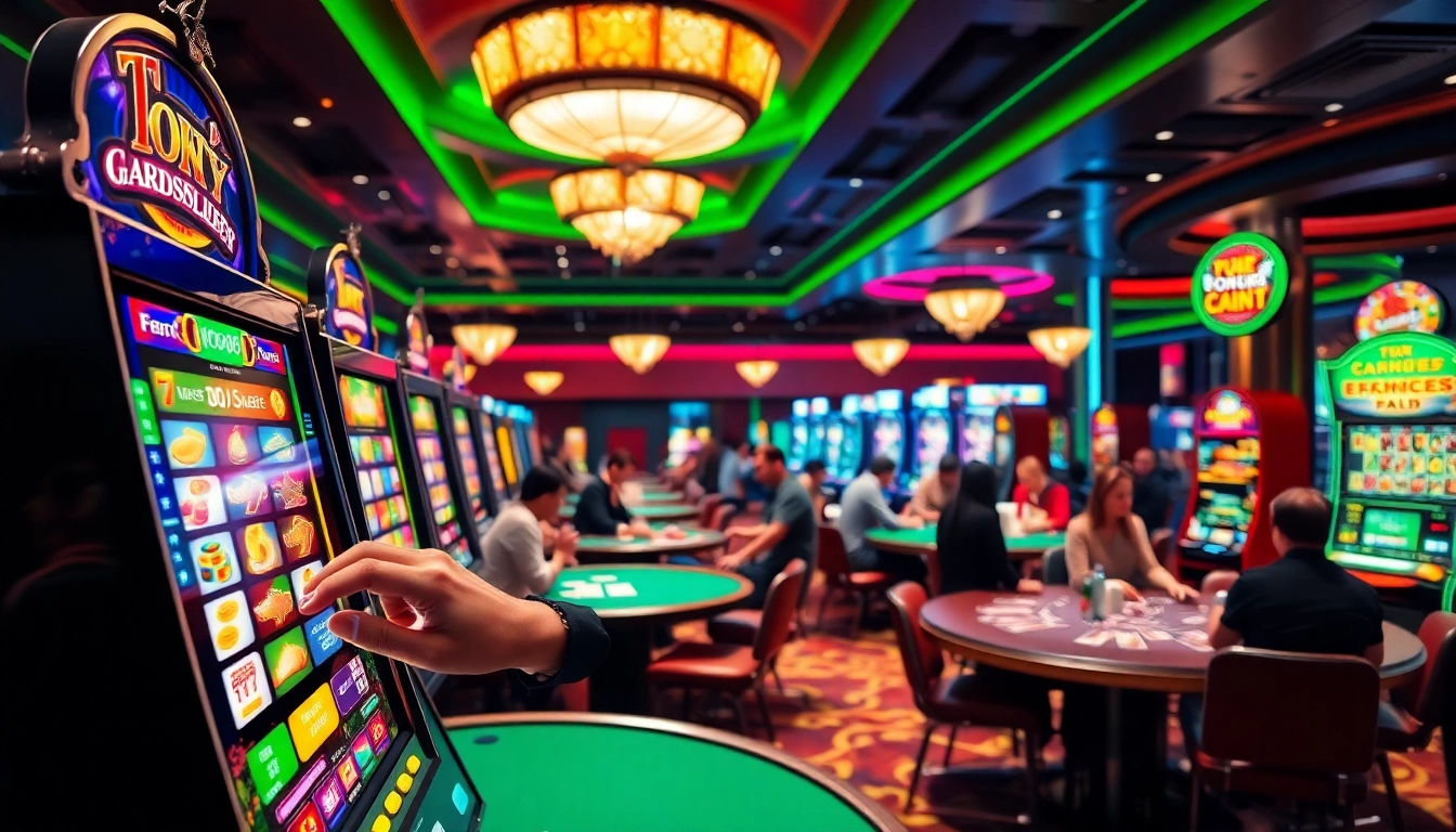 Erlebe die Aufregung des casinospielen in einem lebendigen Casino mit bunten Spielautomaten und Spieltischen.
