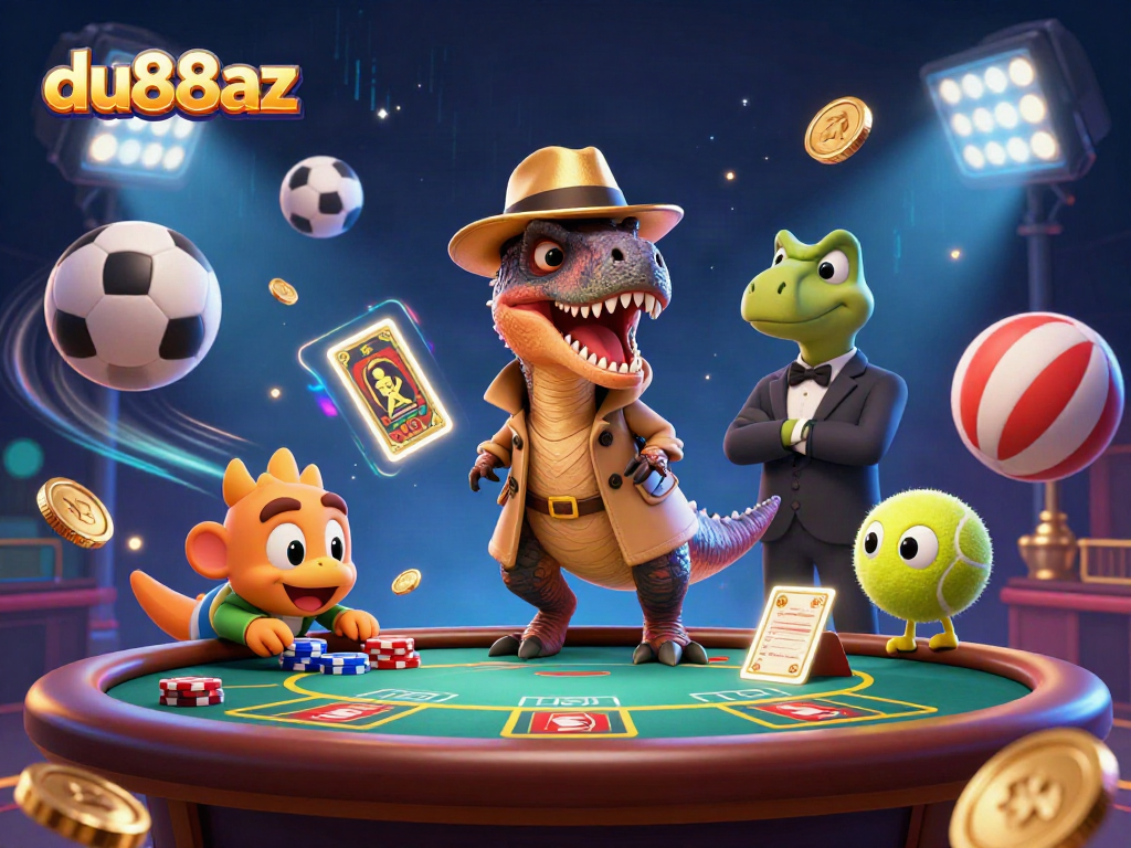 Engage in thrilling gameplay at du88az with a dynamic 3D cartoon casino scene featuring dino characters.
