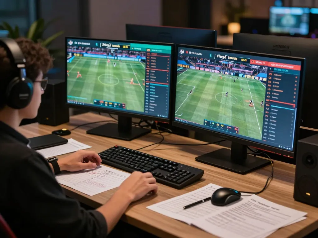 Engaging in sports betting on link 98win with multiple screens displaying live events and notes.