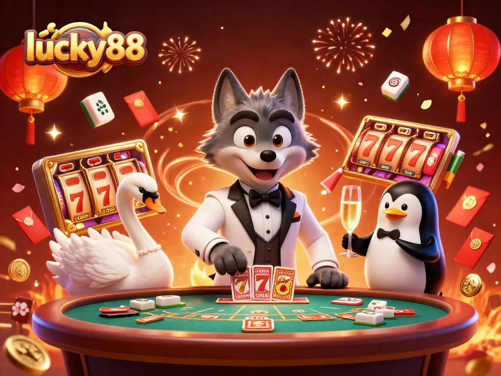 Experience top-tier gaming at lucky88 with a lively 3D casino scene featuring unique characters.