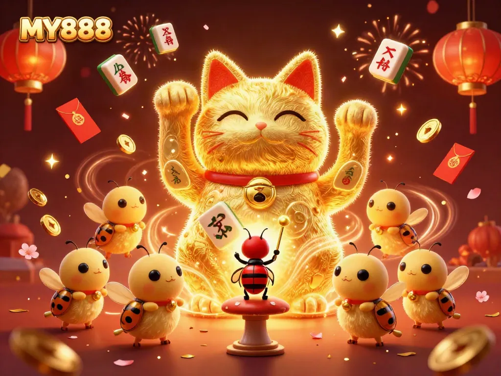Win big at MY888 with a dynamic scene of golden fireflies and a giant lucky cat celebrating casino symbols.