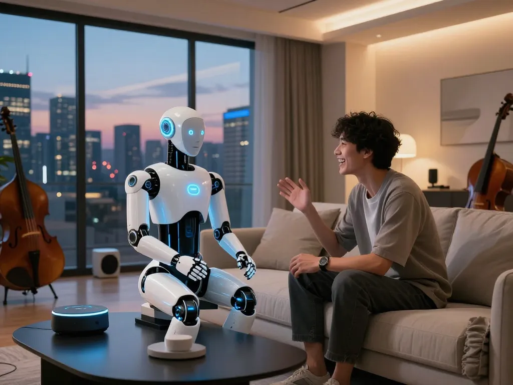 Engaging humanoid sex bot interacting in a modern apartment setting, showcasing advanced AI.