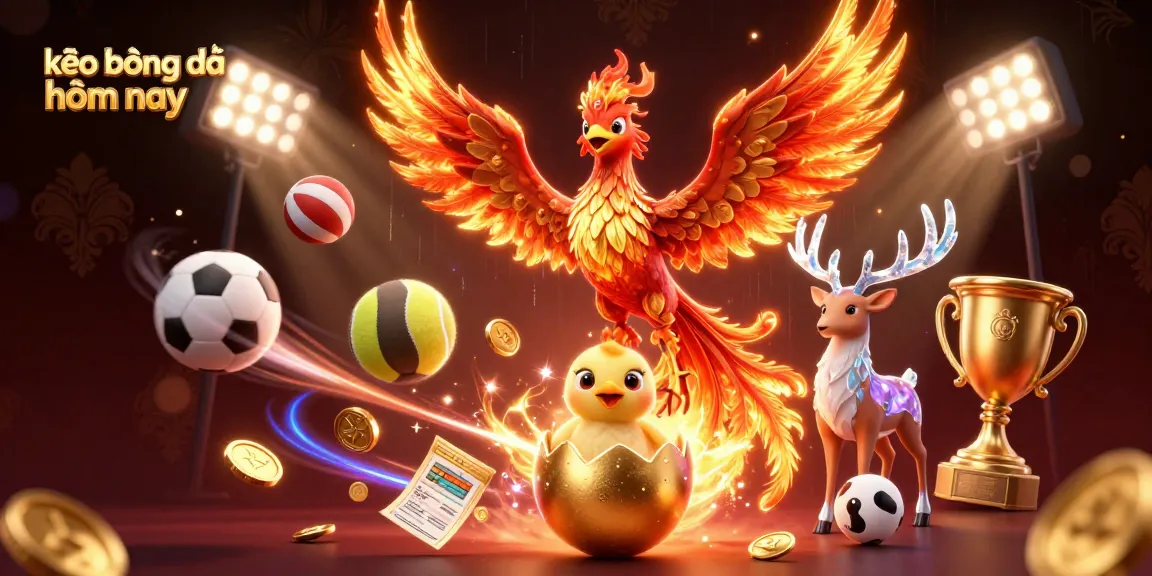 Bet on kèo bóng đá hôm nay with vibrant sports action featuring a phoenix and mystical stag.
