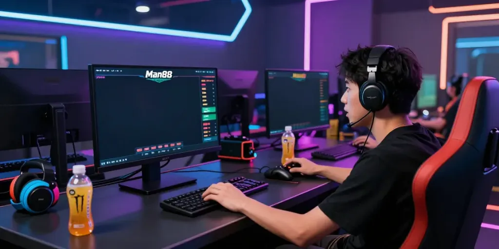Engaged player enjoying an immersive Man88 online betting experience in a vibrant gaming setup.