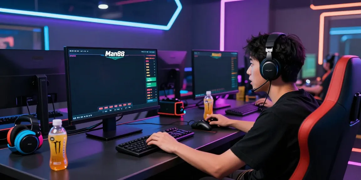 Engaged player enjoying an immersive Man88 online betting experience in a vibrant gaming setup.