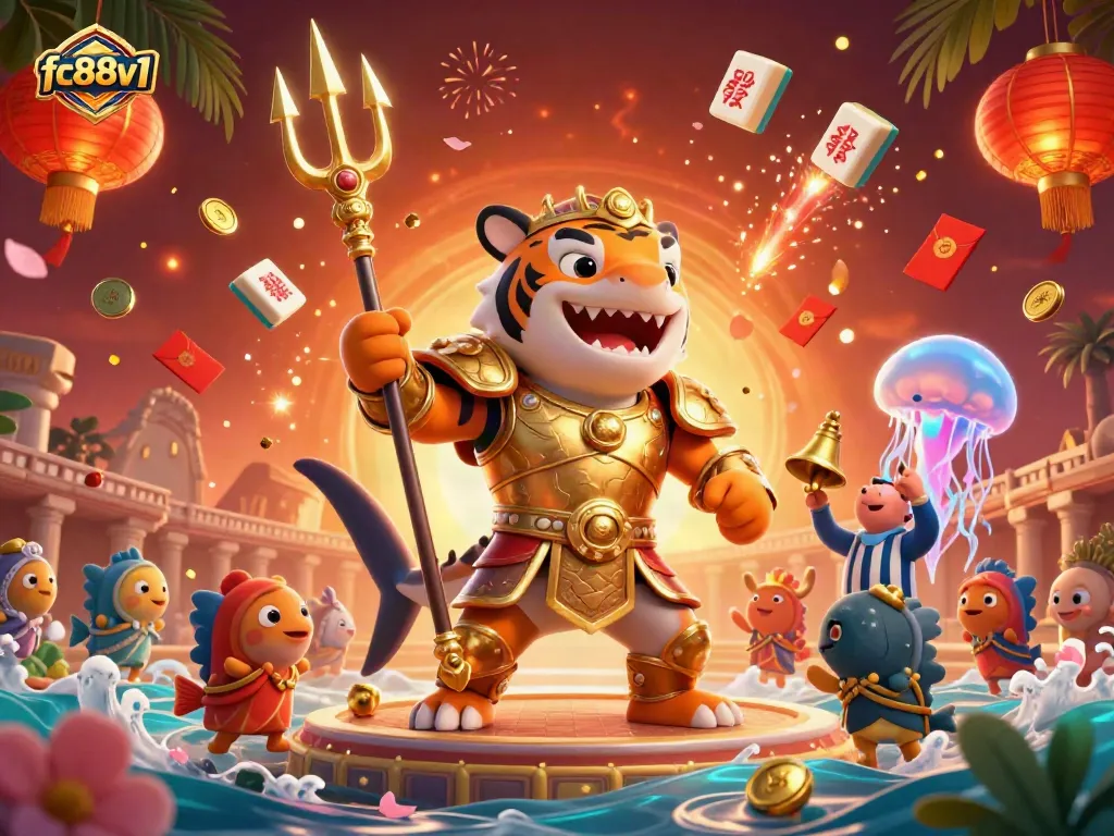 Engage with immersive gaming at fc88v1's vibrant underwater casino featuring a tiger shark in gladiator armor.