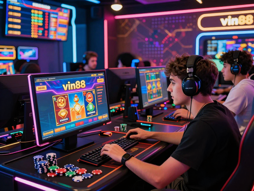 Intense gaming session at nhà cái vin88 digital casino with players and exciting visuals