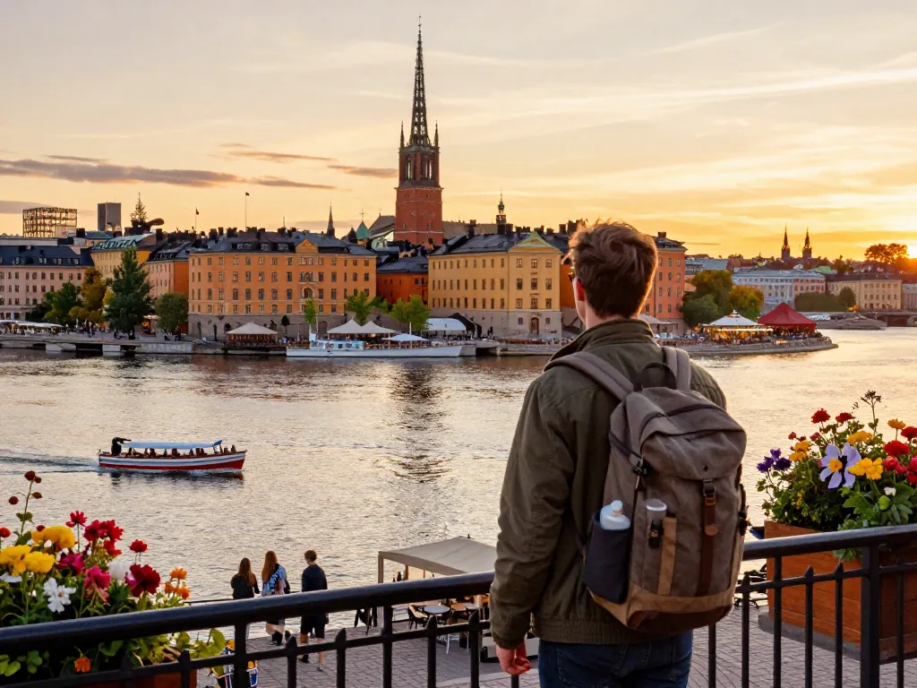 Wunderschöne Sonnenuntergangsansichten über Gamla Stan in Stockholm, die Reisetipps zur Erkundung der Stadt präsentieren.