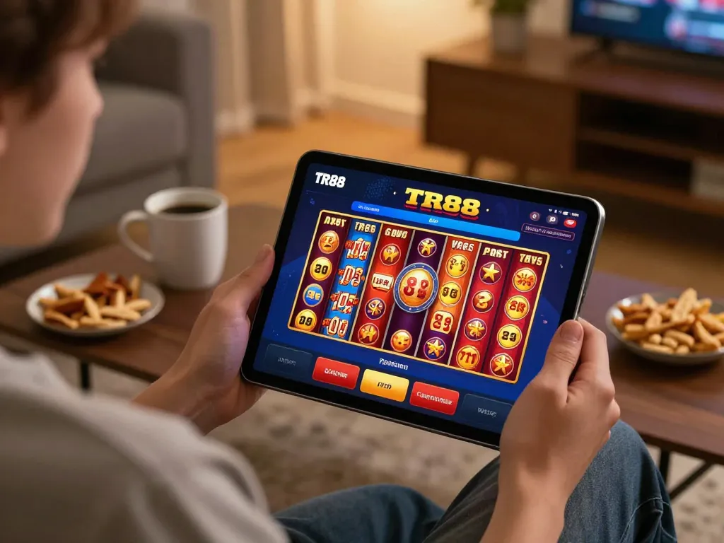 Engaging in online gaming at https://tr88.bio/ using a tablet in a cozy home setting, showcasing casino app interface.