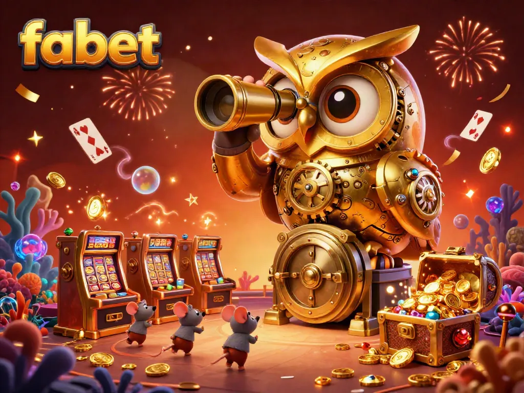 Experience the thrill of fabet's lively casino with a golden owl and vibrant gaming scene.