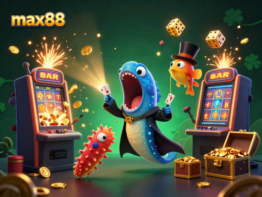 Watch max88's characters including a gulper eel magician performing card tricks against a vibrant casino backdrop.