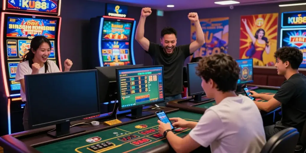Exciting KU88 online gaming scene featuring diverse players celebrating wins and strategizing.