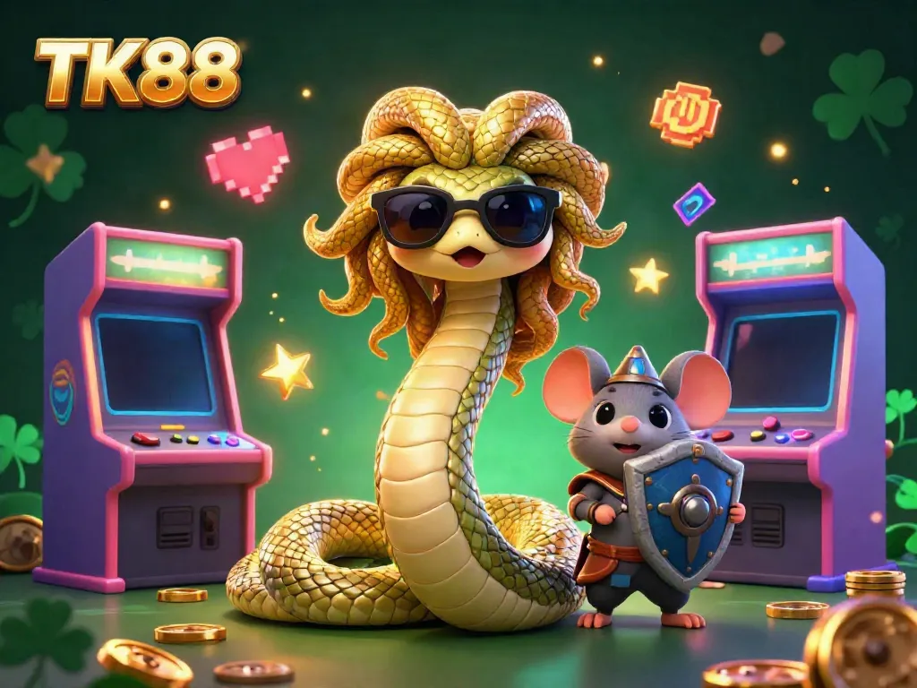 Engage in thrilling games at TK88 with Medusa and a warrior mouse in a vibrant 3D casino scene.