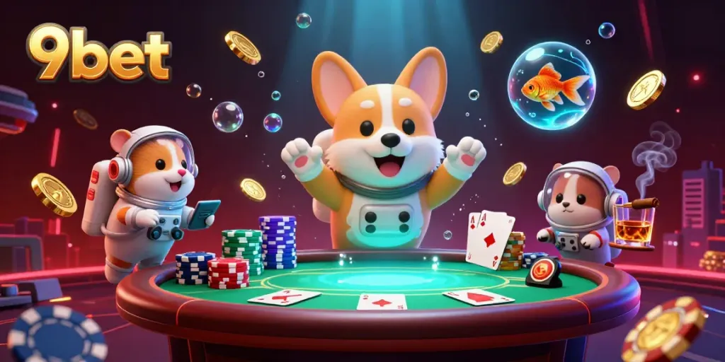 Engage with the floating corgi at 9bet’s lively casino, amidst drifting poker chips and gold.