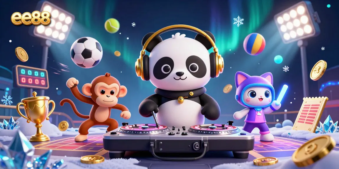 Engage with top-tier betting excitement at ee88 with a lively DJ panda, dynamic sports elements, and festive atmosphere.