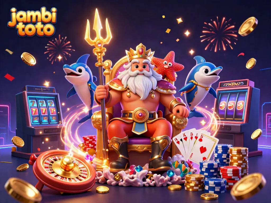 Experience the excitement of jambi toto with a vibrant 3D casino scene featuring Neptune and treasures.