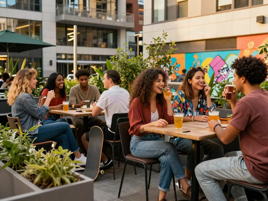 Young friends enjoying lively moments at a café with rokok88 branding.