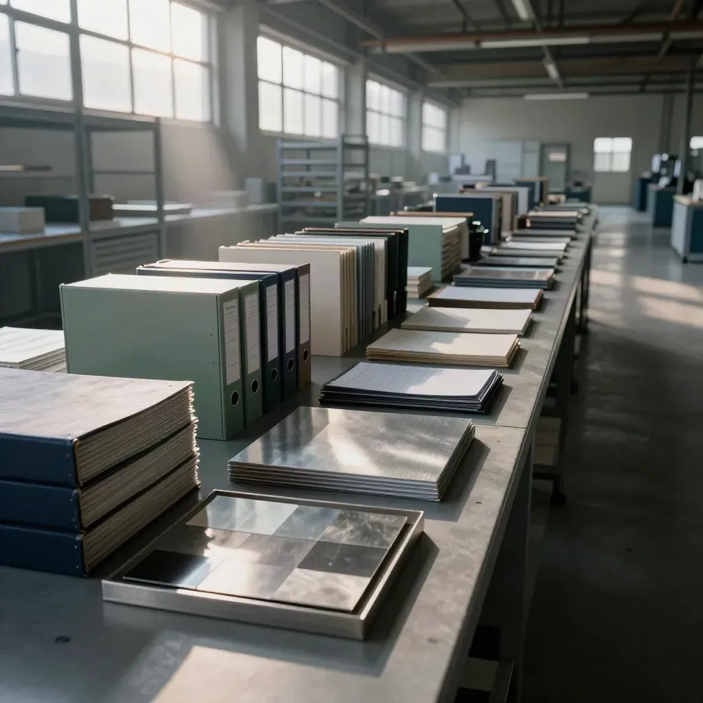 Industriehalle mit Normteilen, Stahlmustern und Archivmappen im Gegenlicht.