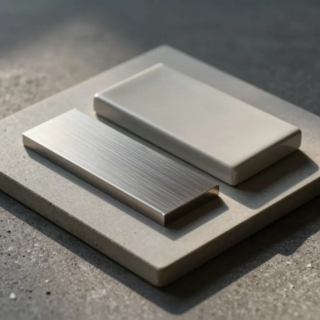 Materialproben und Vergleichsplatte in strenger Draufsicht auf Stein, kühl und präzise.