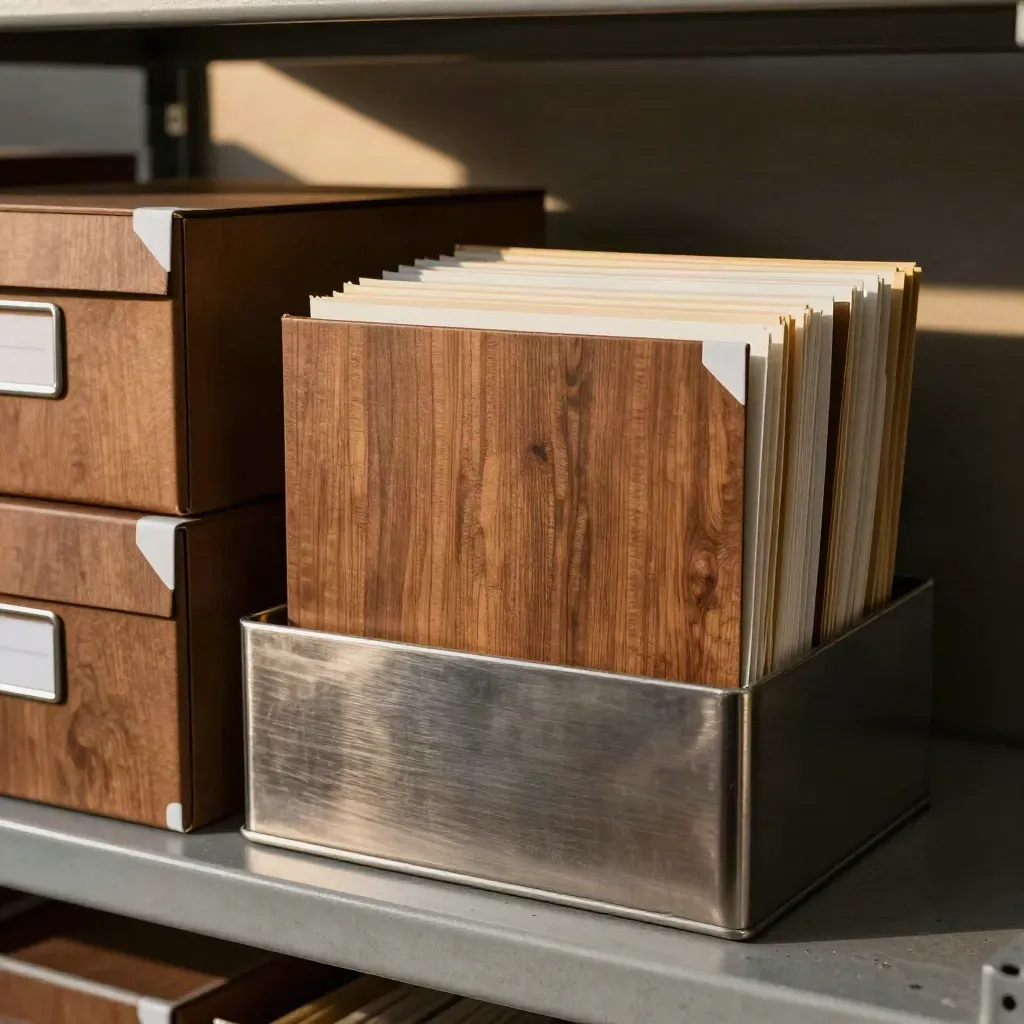 Versiegelte Aktenboxen und eine Ablageschale im düsteren Archivlicht.
