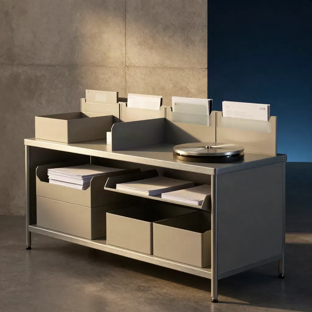 Modulare Dokumentenstation mit Registerboxen und Trays in dramatischem Licht