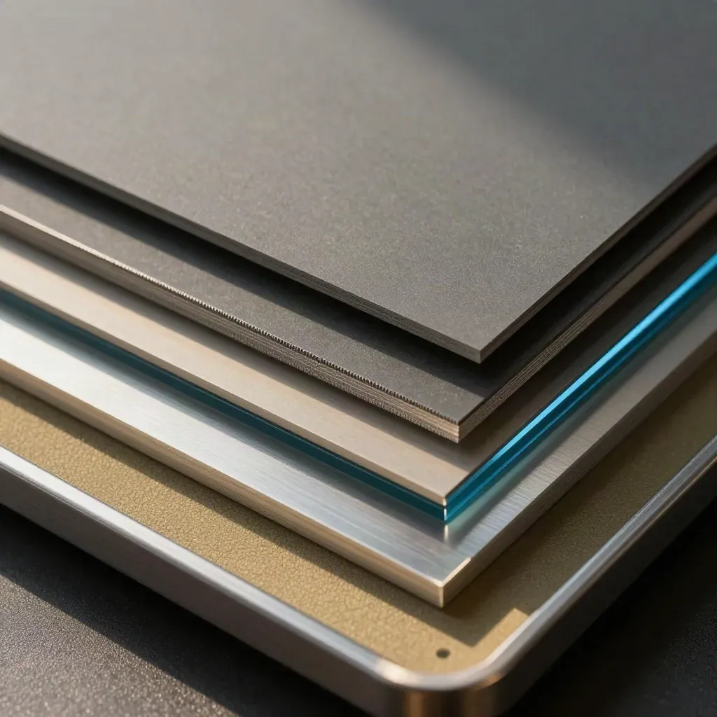 Glatter Plattenstapel aus Aluminium, Graphit und Kunststoff auf dunkler Prüffläche.