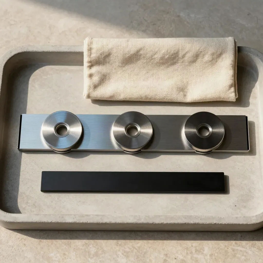Prüfset mit Referenzscheiben und Trennblöcken auf hellem Steintray, streng von oben