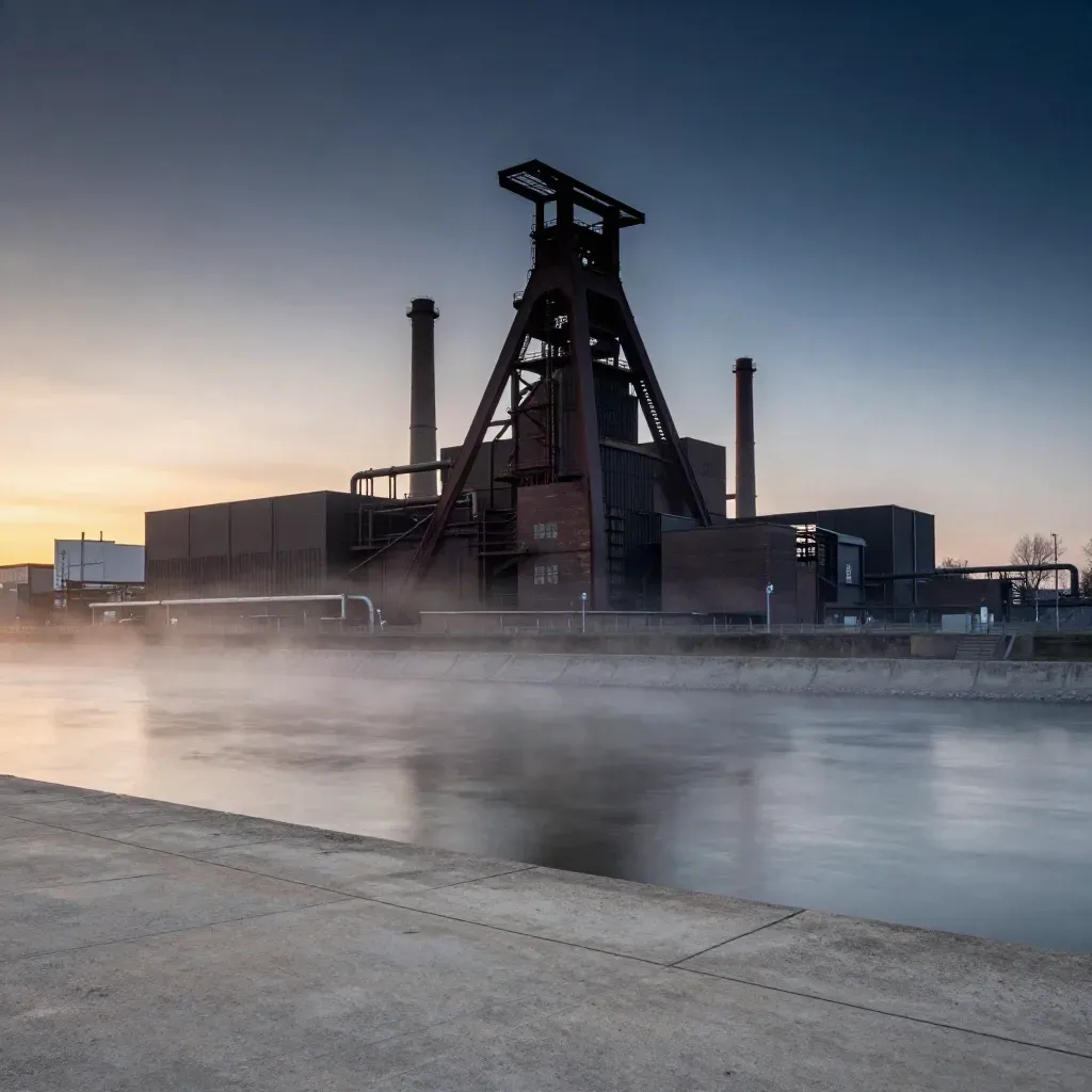 Industriehorizont der Zeche Zollverein im Abenddunst über der Ruhr