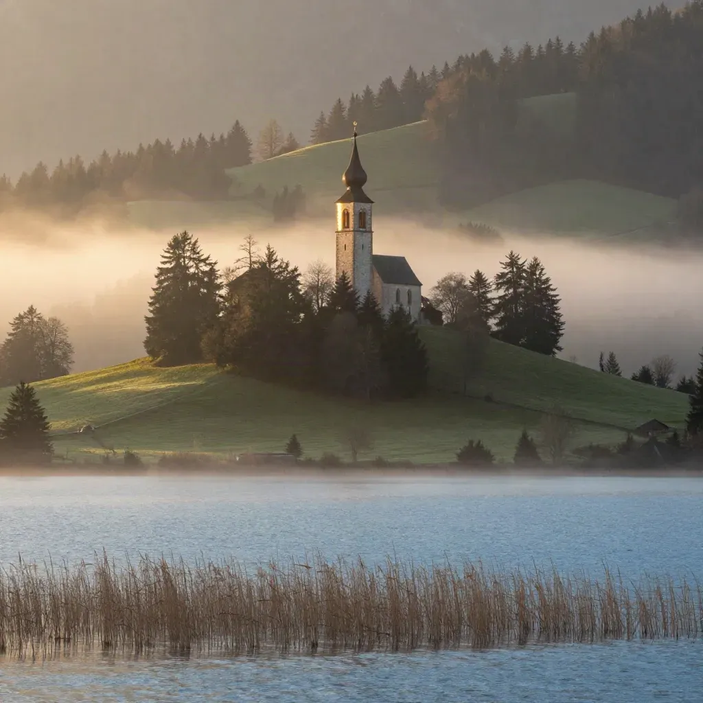 Morgennebel über einem See im Alpenvorland, Kirchturm auf dem Hügel, ruhige Fläche für Text.