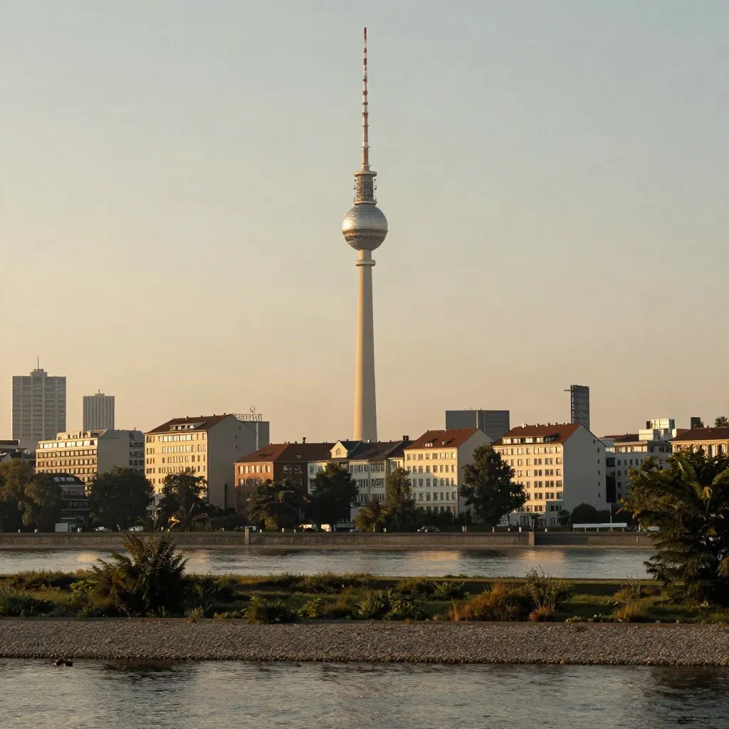 Fernsehturm über der nebligen Spree, warme Abendsonne und ruhige Berliner Dachlinien.