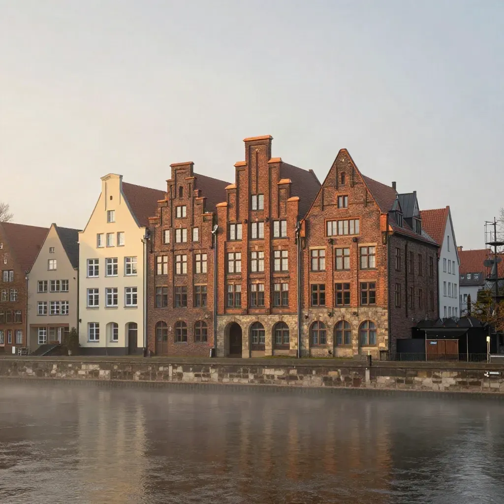 Bremer Kontorhaus-Silhouette über ruhiger Weser im warmen Abendlicht