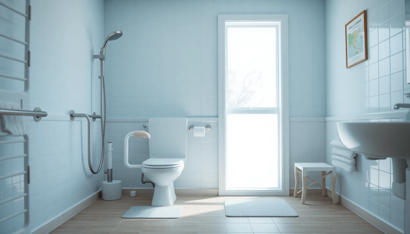 Hilfen für Bad und Toilette in einer ruhigen Badezimmerumgebung mit barrierefreien Merkmalen.