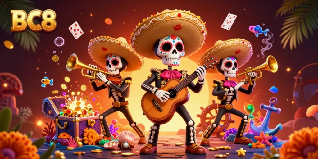 Engage with the colorful world of BC8, featuring a vibrant Dia de los Muertos mariachi band amidst treasure-filled underwater scenery.