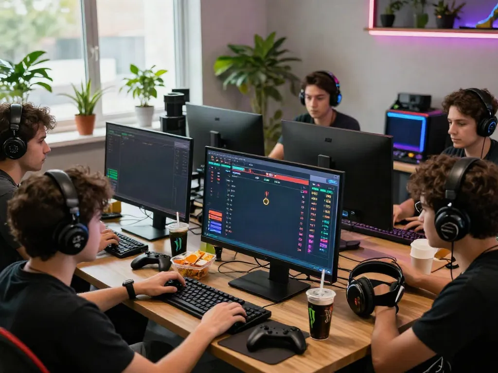 Enthusiastic players engaged in immersive online gaming at DU88, surrounded by snacks and vibrant visuals.