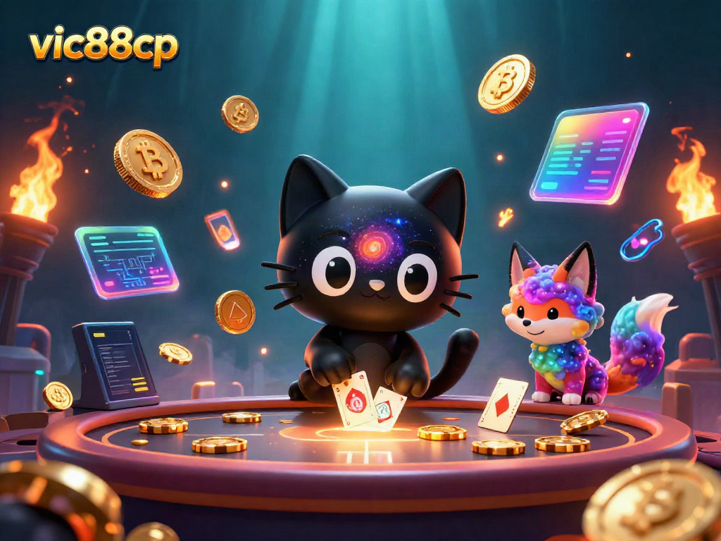 Experience thrilling fun at vic88cp, featuring a gravity-defying black hole cat and colorful gas fox.