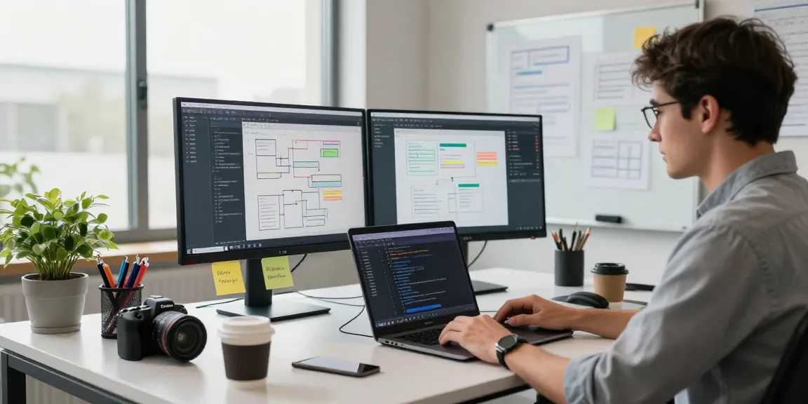 Build internal tools with AI in a modern developer workspace showcasing coding and creative problem-solving.