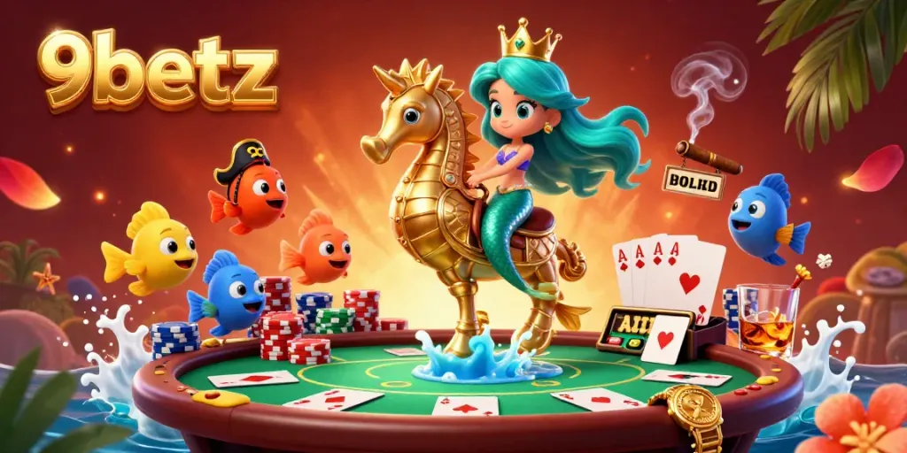 Experience vibrant gambling action with 9betz in this dynamic casino-themed illustration featuring exciting characters and game elements.