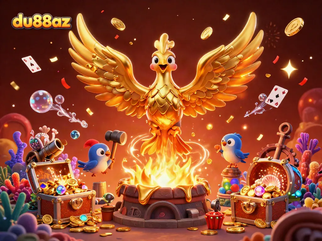 Join du88az in a vibrant, gold-filled casino adventure, featuring a molten phoenix and exciting game elements.