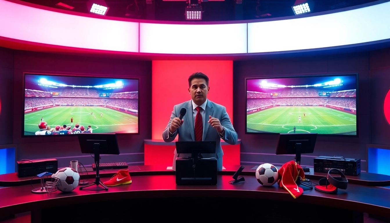 Sports Broadcasting anchor presenting live sports news in a vibrant studio setting.